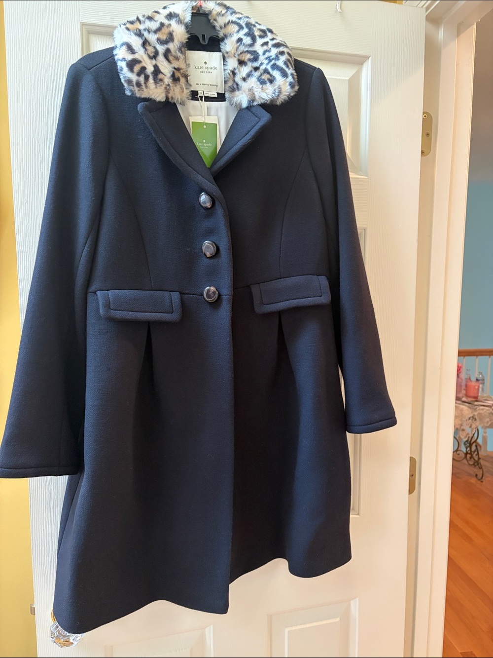 kate spade Black Wool Peacoat with Leopard Faux-Fur Collar